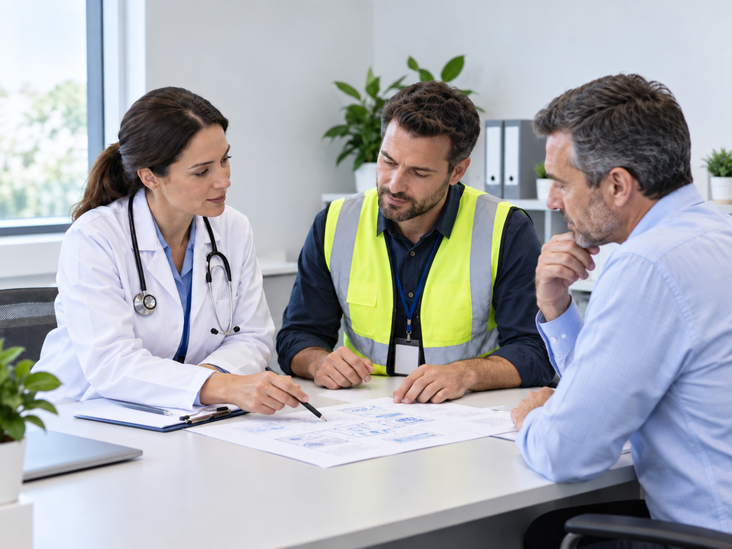 Reunião entre profissional de saúde ocupacional, profissional de segurança do trabalho e cliente em consultório